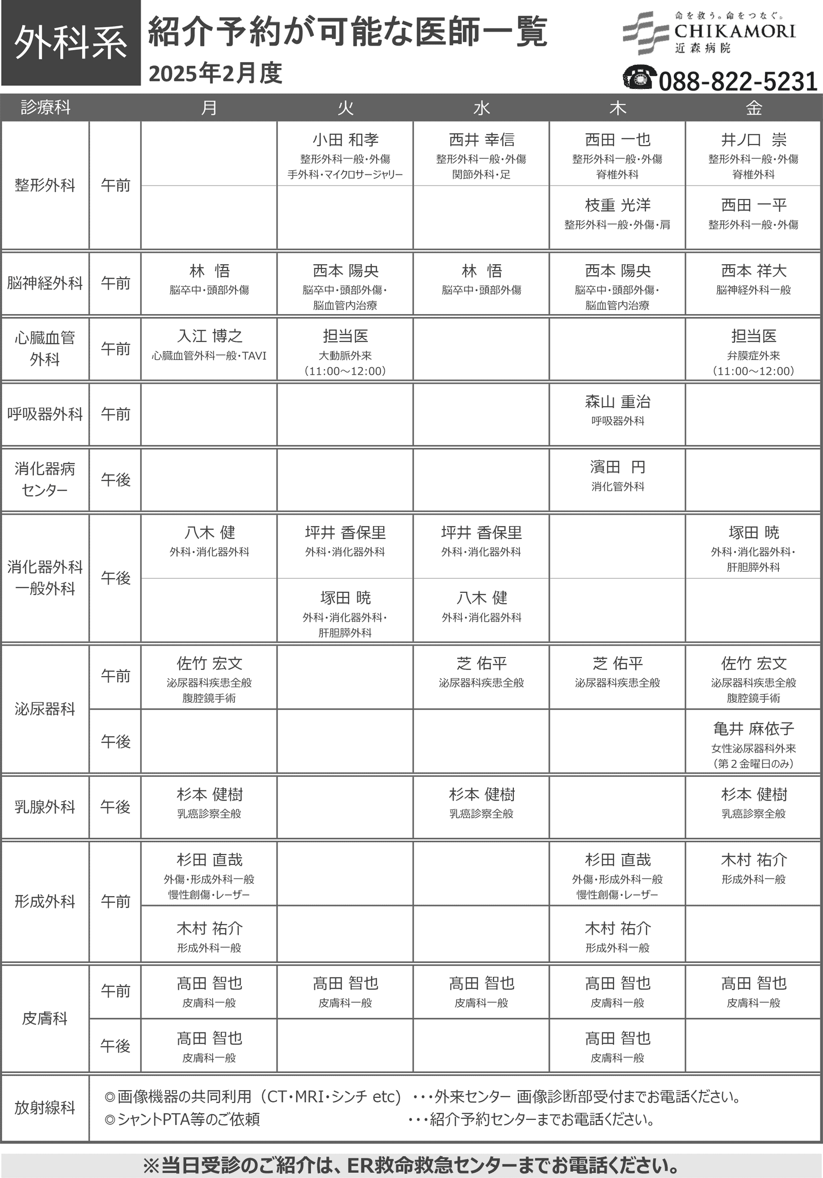 紹介予約が可能な医師一覧表（2025年2月）