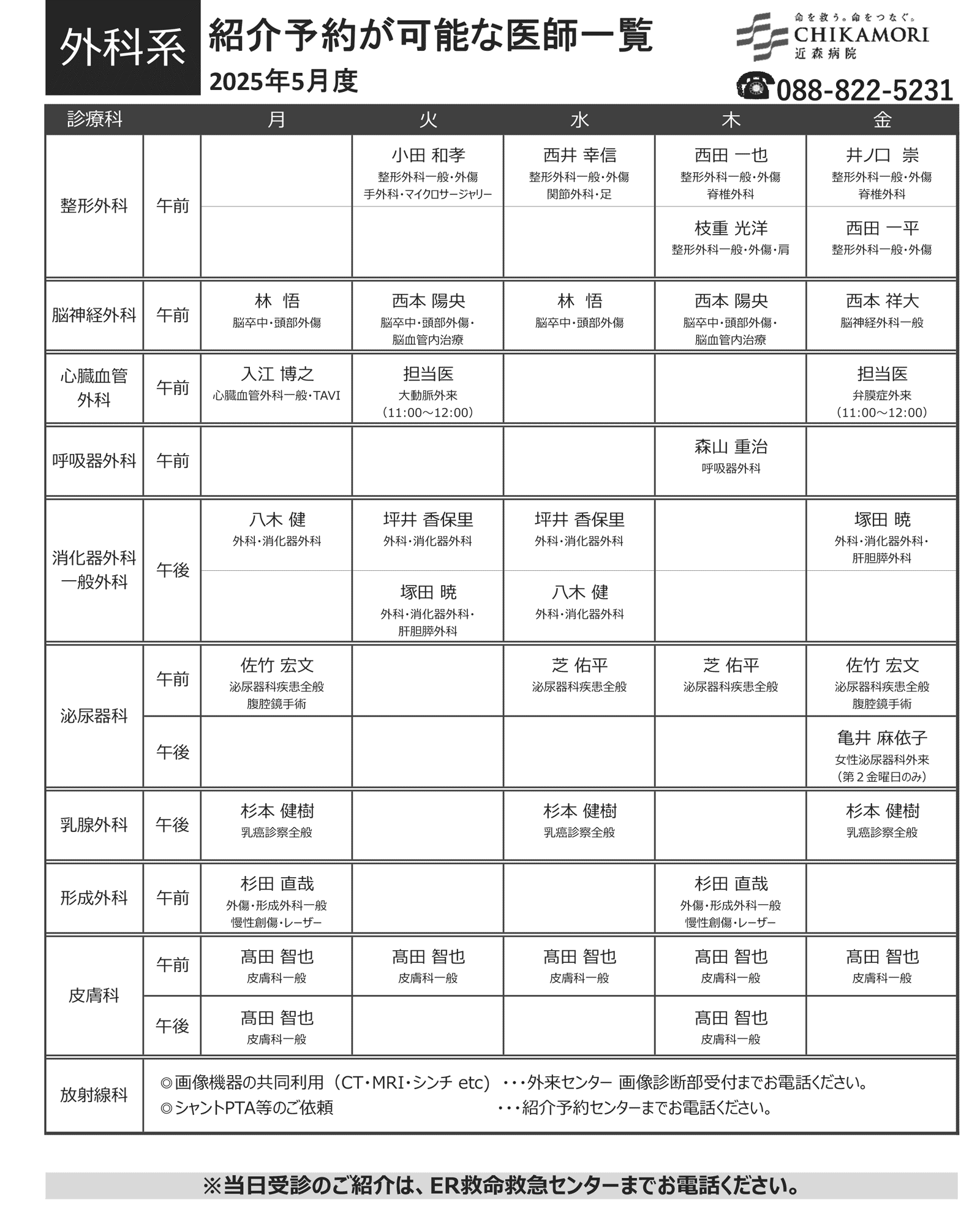 紹介予約が可能な医師一覧表(2025年5月)