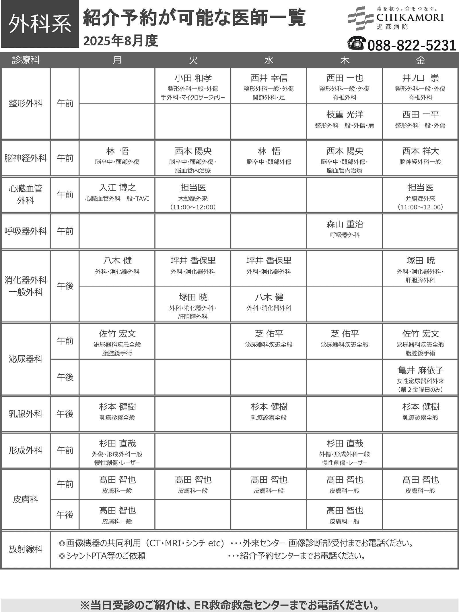 紹介予約が可能な医師一覧表（2025年8月）
