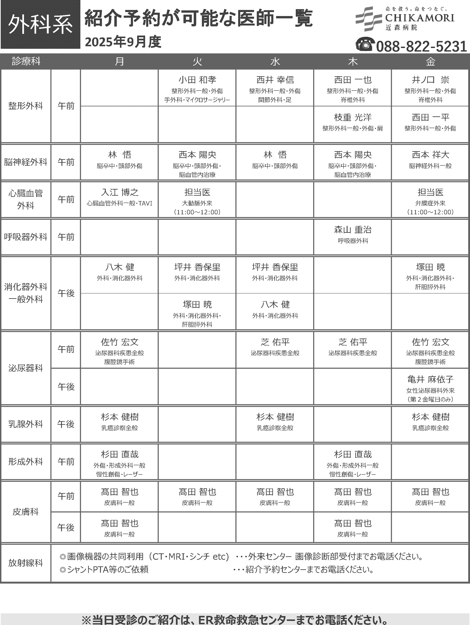 紹介予約が可能な医師一覧表(2025年9月)