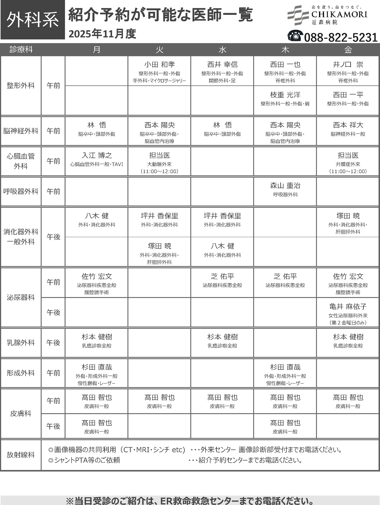 紹介予約が可能な医師一覧表（2025年11月）