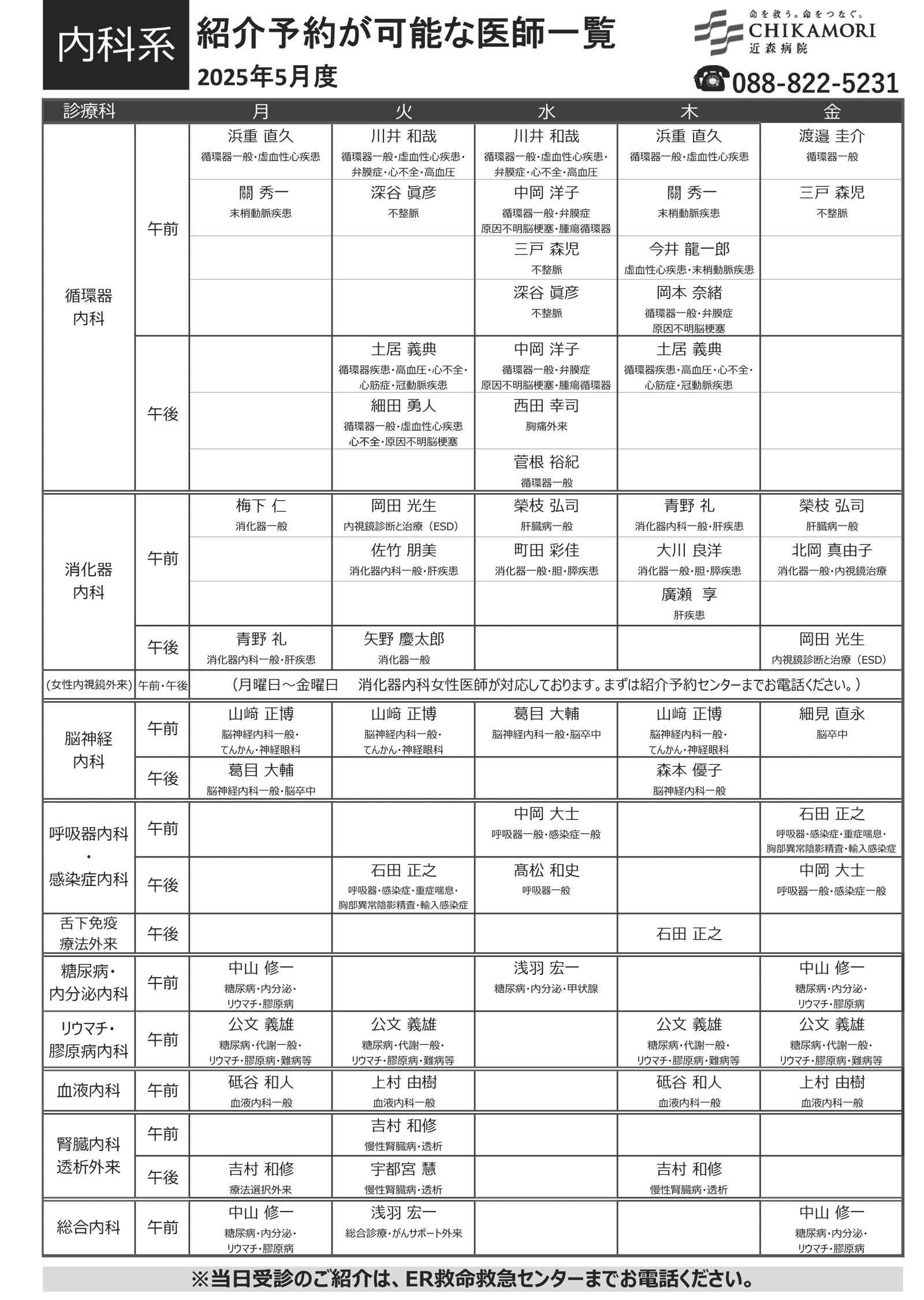 紹介予約が可能な医師一覧表(2025年5月)