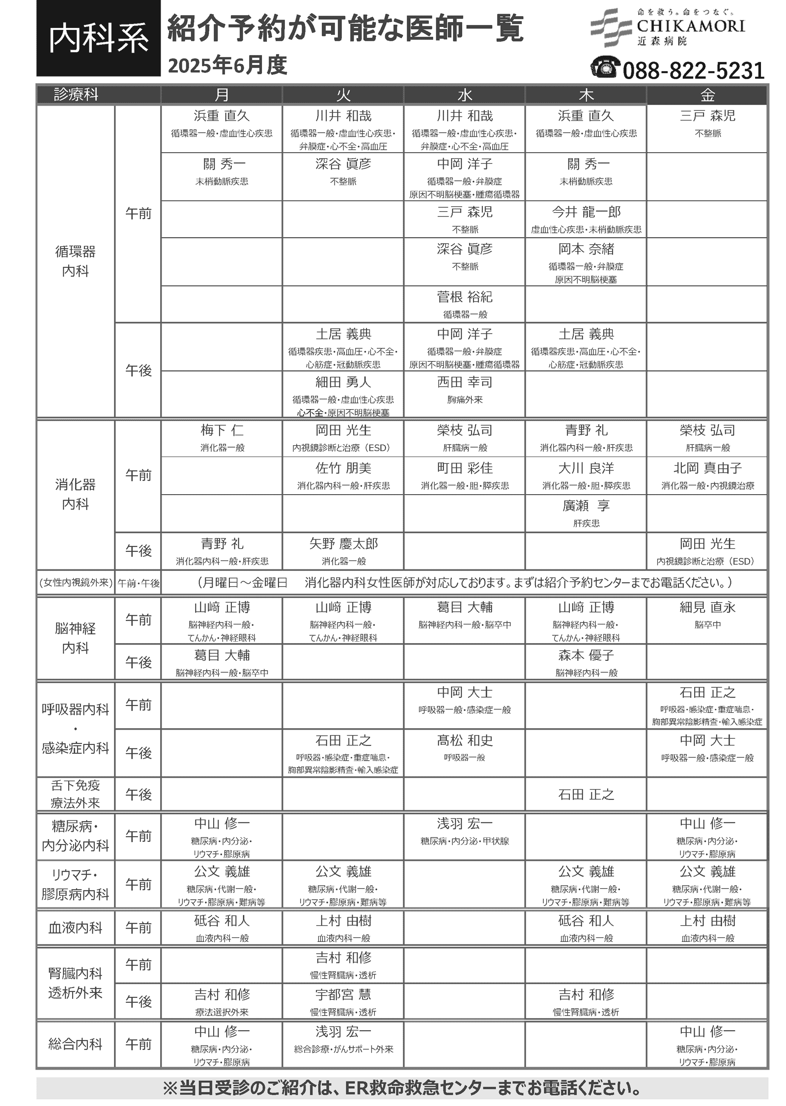 紹介予約が可能な医師一覧表(2025年6月)