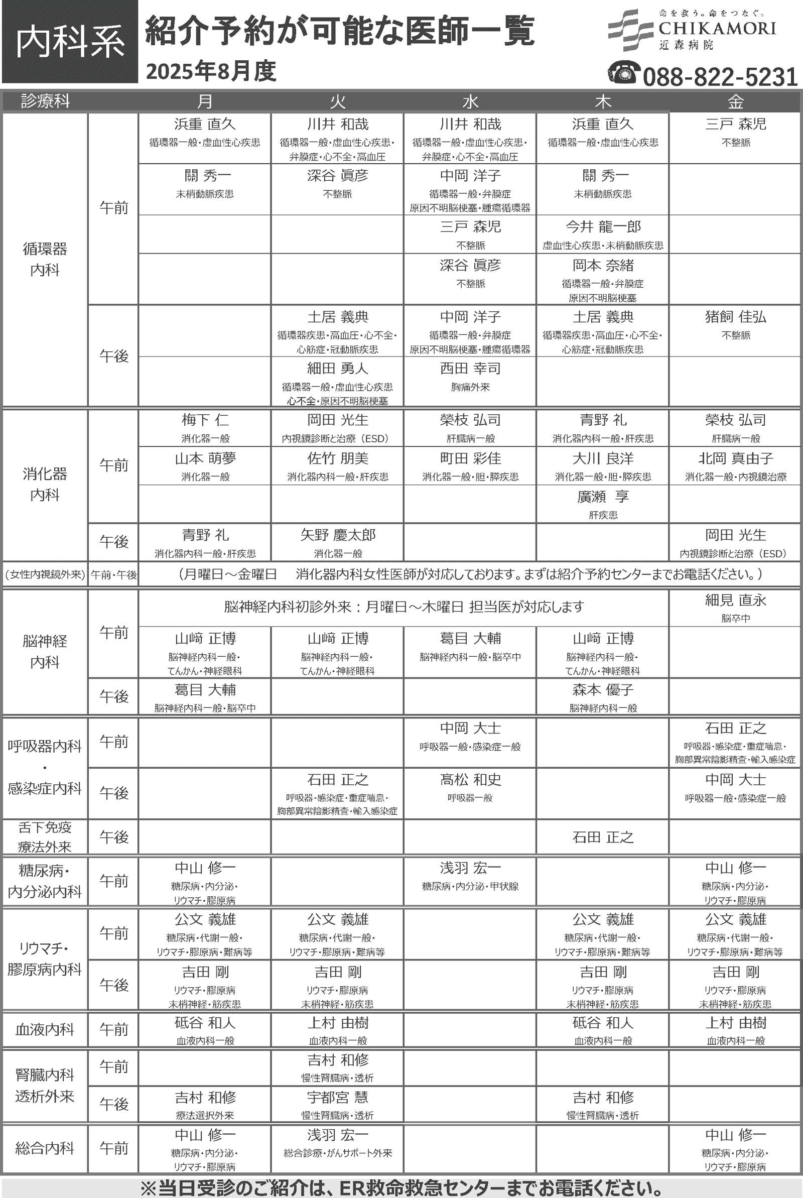 紹介予約が可能な医師一覧表（2025年8月）