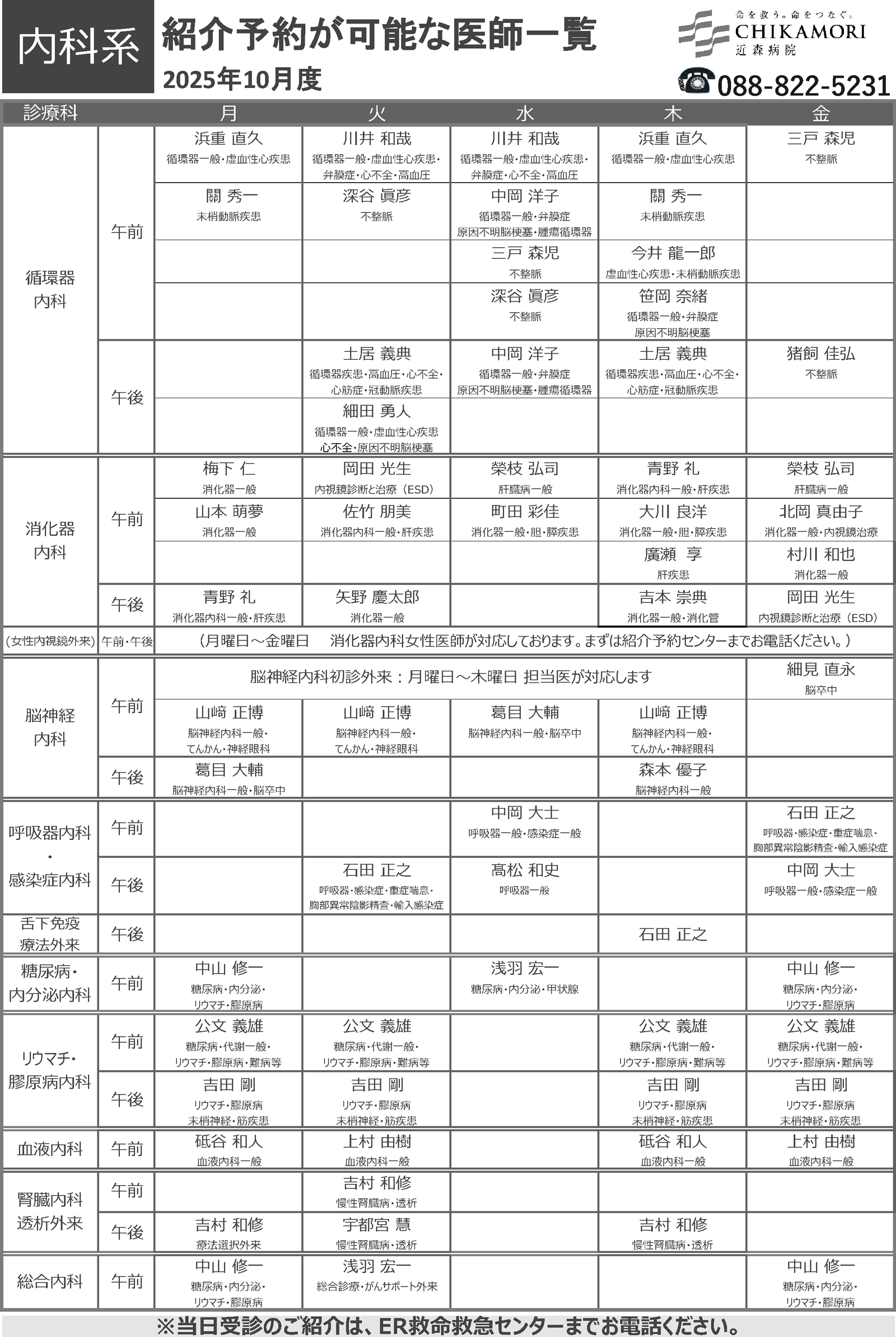 紹介予約が可能な医師一覧表（2025年10月）