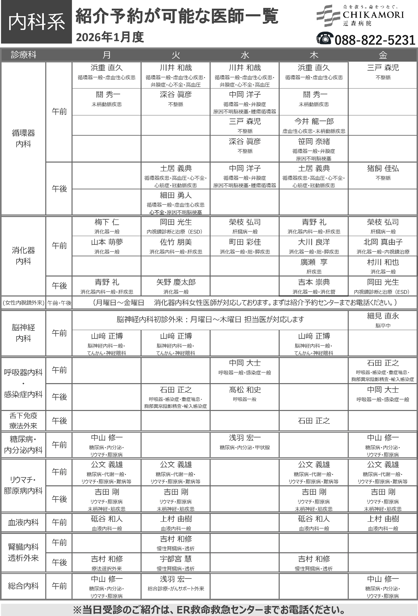 紹介予約が可能な医師一覧表（2026年1月）